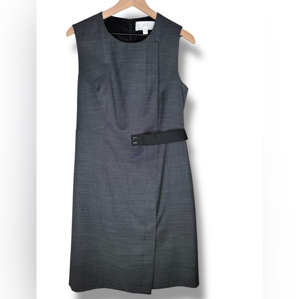Hugo BOSS Charcoal Wool Blend Sleeveless Sheath Midi Belted Dress Sz US 12